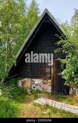 Hut at the former peat digging in the nature reserve of the Georgenfeld Raised Bog (Georgenfelder Hochmoor ), Altenberg, Saxony, Germany. Stock Photo