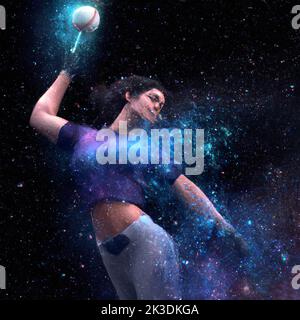 a baseball player swinging the ball hitting with the club, depicted as an explosion of a yellow and orange and blue nebula Stock Photo