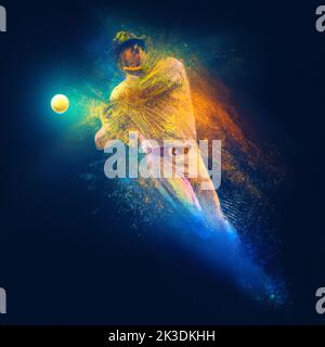 a baseball player swinging the ball hitting with the club, depicted as an explosion of a yellow and orange and blue nebula Stock Photo