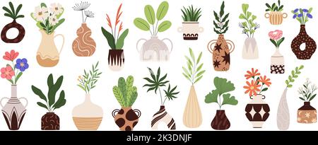 Floral bouquets in vases. Tropical leaves, blooming flowers and herbs. Trendy style organic branches in ceramic jugs. Spring autumn racy herbarium Stock Vector