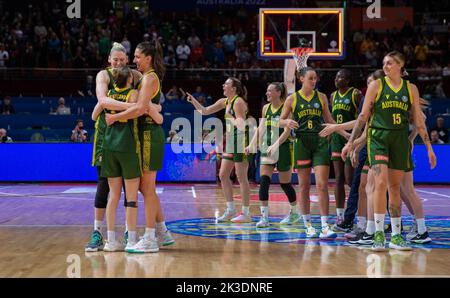 Sydney, Australia. 26th Sep, 2022. Players of Australia celebrate after a Group B match between Australia and Canada at the FIBA Women's Basketball World Cup 2022 in Sydney, Australia, Sept. 26, 2022. Credit: Hu Jingchen/Xinhua/Alamy Live News Stock Photo