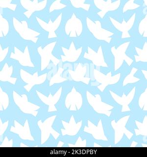 Flying bird abstract silhouettes on blue background. White bird, dove or seagull seamless pattern. Flat different poses doves fabric print. Vector Stock Vector