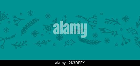 Hand drawn branches and snowflakes, vector seamless border. Christmas winter pattern, horizontal simple banner with doodle natural elements Stock Vector