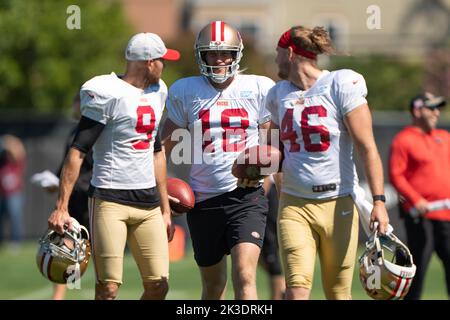 San Francisco 49ers long snapper Taybor Pepper (46) stands on the field  with punter Mitch Wishnowsky (18) before an NFL football game against the  Tampa Bay Buccaneers, Sunday, Dec.11, 2022, in Santa