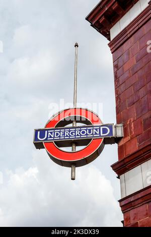 London Underground sign at Mornington Crescent tube station on the Northern Line, London, UK Stock Photo