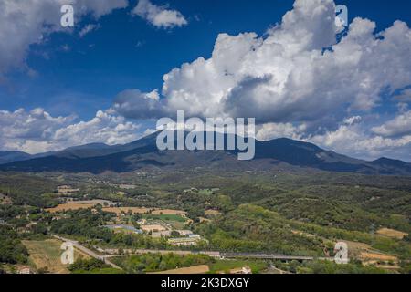 Aerial view of the surroundings of Sant Celoni city. In the background, the Montseny mountain (Vallès Oriental, Barcelona, Catalonia, Spain) Stock Photo