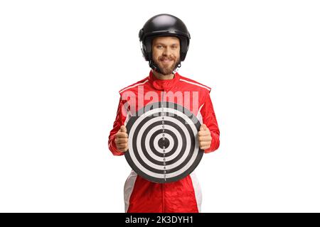 Motorsport racer in a red suit holding a target for darts isolated on white background Stock Photo
