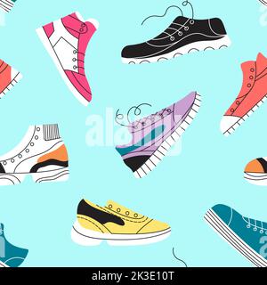 Sneakers seamless pattern. Fashion sport shoes texture, athlete store or training fabric print template. Different trendy gumshoes decent vector Stock Vector