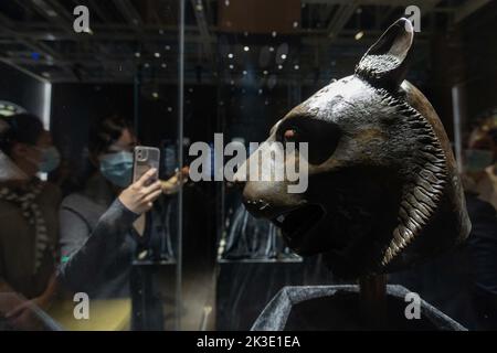 (220926) -- SHANGHAI, Sept. 26, 2022 (Xinhua) -- A visitor views a bronze tiger head at the exhibition 'Return in Golden Age: China's Retrieved Cultural Relics Exhibition' in east China's Shanghai, Sept. 26, 2022. 'Return in Golden Age: China's Retrieved Cultural Relics Exhibition' was launched Monday at the Minhang Museum in east China's Shanghai. The exhibition features China's cultural relics retrieved from overseas and now kept by the Poly Art Museum and the administration office of the Yuanmingyuan. Among the exhibits are bronze Chinese zodiac animal heads that belonged to the Yuanmingyua Stock Photo