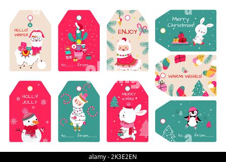 Christmas holiday tags with snowman, xmas llama and gifts. Winter stickers, present box labels for decor. New year nowaday decorative vector positive Stock Vector