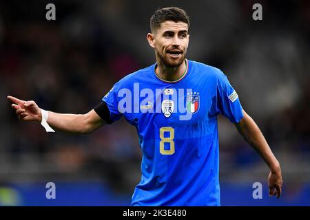 Milan, Italy. 23 September 2022. Jorginho of Italy gestures during the UEFA Nations League football match between Italy and England. Italy won 1-0 over Enlgand. Credit: Nicolò Campo/Alamy Live News Stock Photo