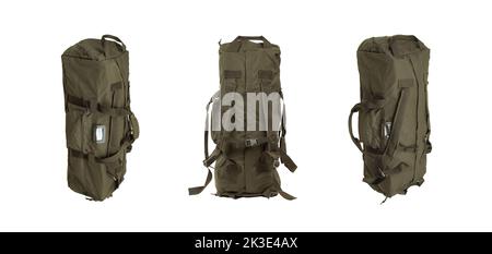 Green sport bag isolated on white background. Travel bag. Military bag, military backpack  isolated on white back. Stock Photo