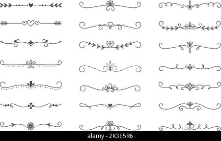 Wedding text dividers. Invitation decoration lines ornaments, horizontal fancy vector separators with swirls hearts florals leaves doodles curls Stock Vector