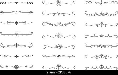 Wedding text dividers. Invitation decoration lines ornaments, horizontal fancy vector separators with swirls hearts florals leaves doodles curls Stock Vector