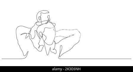 father carrying baby with pointing pose on shoulders vector illustration. one line drawing and continuouse style Stock Vector
