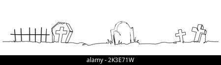 scary night cemetery with tombstone and religious cross in continuous line drawing style. seamless pattern vector illustration for background Stock Vector