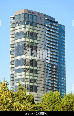 Bellevue, WA, USA - September 07, 2022; Westin Hotel name on skyscraper at One Lincoln Tower Bellevue Stock Photo