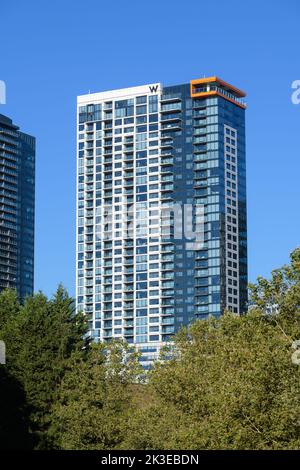 Bellevue, WA, USA - September 07, 2022; W hotel skyscraper with apartments in Bellevue against blue sky and tree foreground Stock Photo