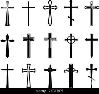 Black christian cross. Church jesus sign, crosses crucifix silhouette. Holy graphic catholic and orthodox symbols, religious decent vector collection Stock Vector