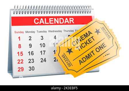 Cinema tickets with desk calendar, 3D rendering isolated on white background Stock Photo