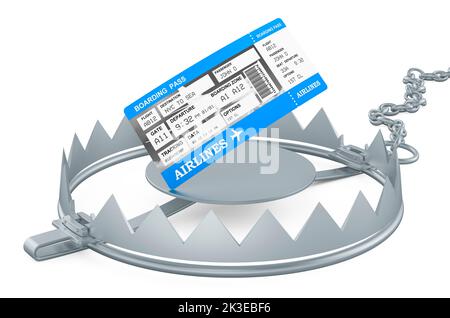 Boarding pass ticket inside bear trap, 3D rendering isolated on white background Stock Photo