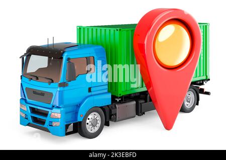 Container truck with map pointer, 3D rendering isolated on white background Stock Photo