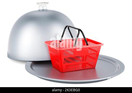 Restaurant cloche with shopping basket, 3D rendering isolated on white background Stock Photo