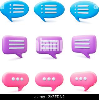 Conversation speech bubbles 3d design. Message bubble, different text balloons for feedback, text or comment. Isolated clouds bot chat pithy vector Stock Vector
