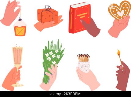 Human hands holding different things. Hand hold cookies, fire and glass of sparkling wine. Holiday gift, book and floral bouquet in arm, vector set Stock Vector
