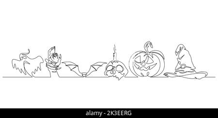 halloween design element set decoration in continuous line drawing style vector illustration Stock Vector