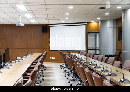 Interior conference room, meeting room, boardroom, Classroom, Office, with white projector board. Stock Photo