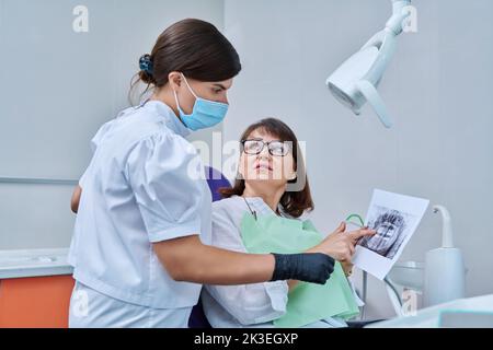 Female dentist talking to woman patient, discussing x-rays of teeth and jaws Stock Photo