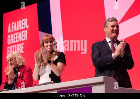 Liverpool, UK, 26.September 2022  Angela Rayner Deputy Leader,and Keir Starmer watch Rachel Reeves,Shadow Chancellor of the Exchequer addresses Labour conference in Liverpool. .Liverpool Kings Dock. Liverpool UK. Picture: gary Roberts/worldwidefeatures.com