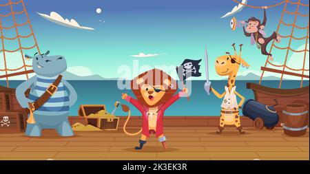 Pirates background. Wild animals in pirate costumes on island with treasures exact vector zoo cartoon set Stock Vector