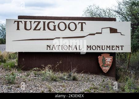 National Park Service sign for Tuzigoot National Monument, Clarkdale, Arizona, USA Stock Photo