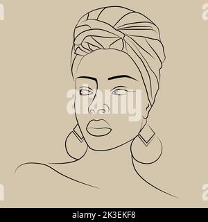 Ethnic african woman portrait line drawing beige poster. Stock Vector