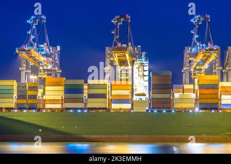 Container ship unloading at automated harbor terminal in Maasvlakte Europoort port of Rotterdam, Netherlands Stock Photo