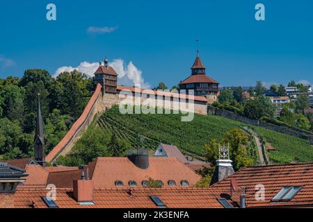 View of the historic city walls and castle Guardhouse (Hochwacht) and Thick Tower (Dicker Turm) in Esslingen am Neckar.Baden-Württemberg, Germany Euro Stock Photo