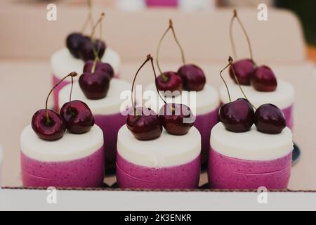 Delicious pink cake cupcakes with white frosting and a red cherry on top with a chocolate base. Stock Photo