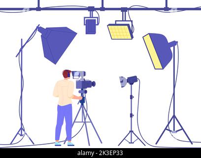 Camera operator equipment. Cameraman recording movie backstage, professional cinematographer headphones, videocamera on tripod cinema production studio, vector illustration of professional equipment Stock Vector