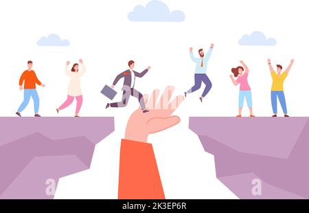 Leader hand helping supporters. Partnership support concept, mentor business trainer help, giant hands supporting bridge at abyss, successful employee teamwork vector illustration of partnership Stock Vector