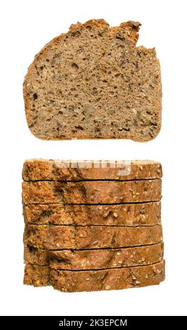 Spelt bread slices, front and top view, isolated on white background. Homemade and crusty baked, fresh dark bread, made of wholemeal spelt. Stock Photo