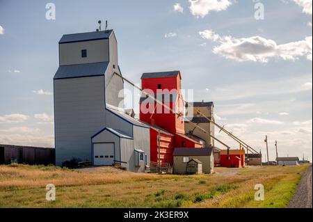 Mossleigh, Alberta - September 17, 2022: Old wooden grain elevators on the Alberta prairies. Stock Photo