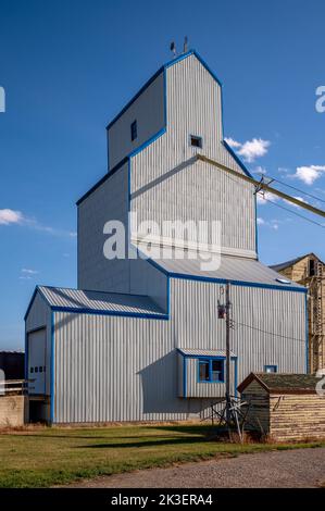 Mossleigh, Alberta - September 17, 2022: Old wooden grain elevators on the Alberta prairies. Stock Photo