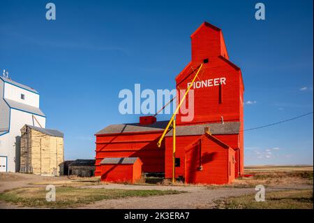 Mossleigh, Alberta - September 17, 2022: Old wooden grain elevators on the Alberta prairies. Stock Photo