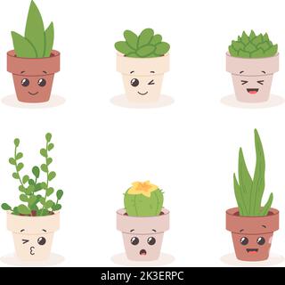 Set of cacti with funny kawaii faces in cute handmade pots on a white ...