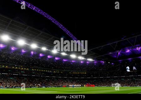 London, UK. 26th Sep, 2022. A general view (GV) of Wembley as the teams observe a minute's silence for Queen Elizabeth II before the UEFA Nations League Group C match between England and Germany at Wembley Stadium on September 26th 2022 in London, England. (Photo by Daniel Chesterton/phcimages.com) Credit: PHC Images/Alamy Live News Stock Photo