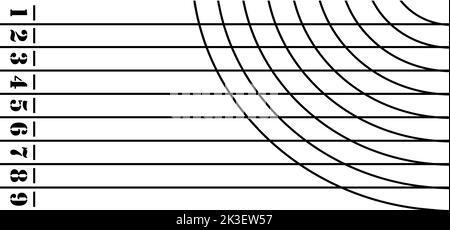 Cartoon running track with lane numbers or track numbers. Place where people exercise or sport place. lanes of running track. Start, finish point, spo Stock Photo