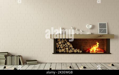 Loft interior fireplace and decor on old wall Stock Photo