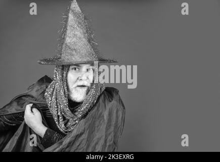 What a night. Halloween wide banner. Halloween decoration and scary concept. 31 october. gothic man in Halloween costume. Magic concept. Experienced Stock Photo